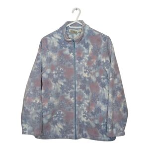 Tradition Country Blue Pink White Snow Fleece Grandma Zip Up Sweater Medium